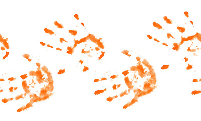 Seamless repeatable border with orange abstract hand prints. Watercolor illustration isolated on transparent background. Artistic design for art classes, creative workshops. Arts and craft element.