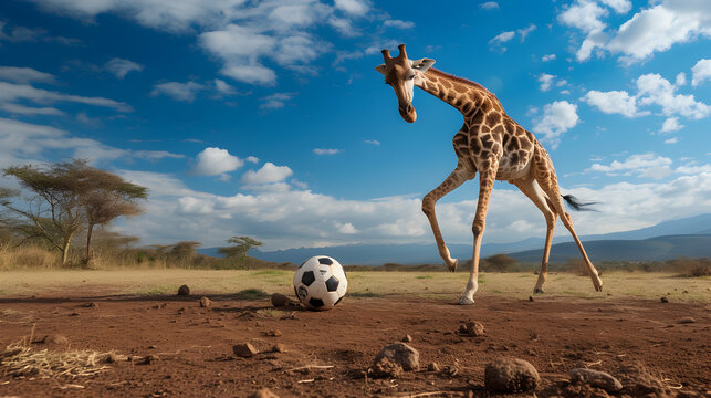 Action photograph of jiraffe playing soccer Animals. Sports