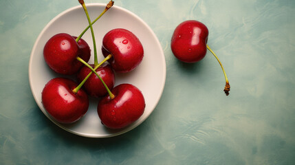 Photo of a plateful of cherries top view