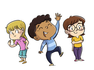 Funny illustration of children of different ethnicities waving - 723822149