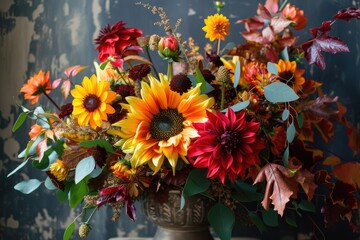 Fototapeta premium A Thanksgiving themed floral arrangement with sunflowers, dahlias, and autumn foliage
