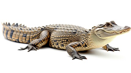 Majestic alligator with textured skin standing tall on a clean white background with space for text