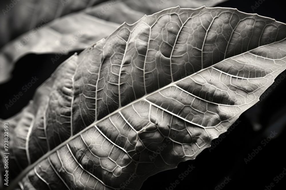 Poster a black and white photo of a leaf. can be used for nature-themed designs or as a background element