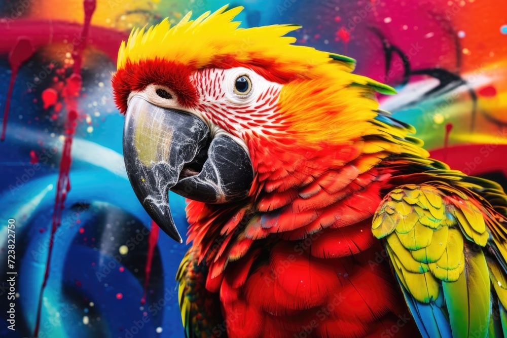 Poster A brightly colored parrot stands gracefully in front of a colorful background. This image can be used to add a pop of color and vibrancy to various projects