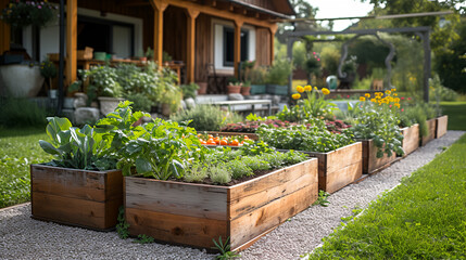 Fototapeta na wymiar Vegetable garden at back yard. Wooden raided beds in an urban garden. Fresh vegetables, Sustainable living lifestyle