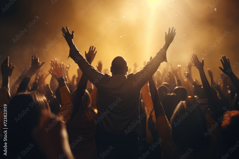 Poster a man confidently stands in front of a large crowd. this image can be used to represent leadership, 