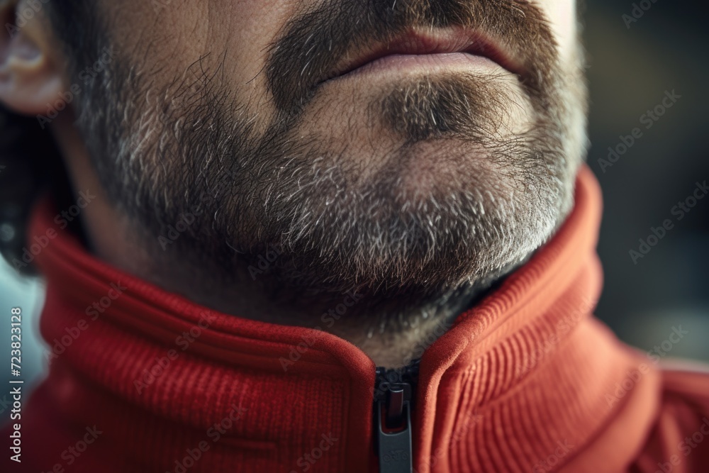 Poster a close-up view of a man wearing a vibrant red jacket. this versatile image can be used to convey co