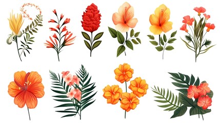 Tropical set of hand drawn floral arrangement. Vector botanical illustration. Layouts for the design of greeting cards and invitations, ,generative ai