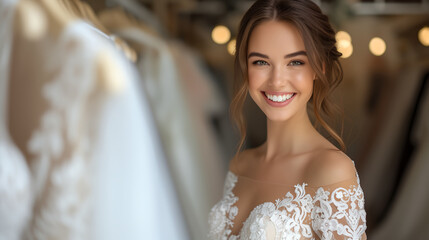 Joyful bride try on her wedding dress at boutique shop