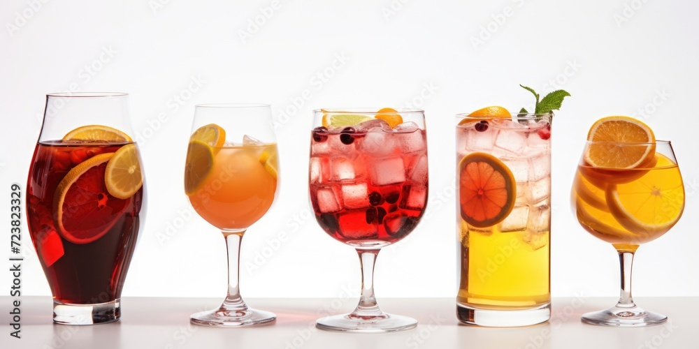 Poster a collection of glasses filled with different types of beverages. perfect for illustrating a variety