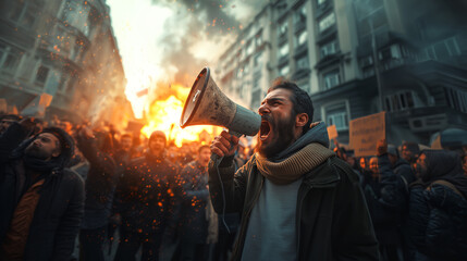 Protester leader shouting to megaphone during protest event - obrazy, fototapety, plakaty
