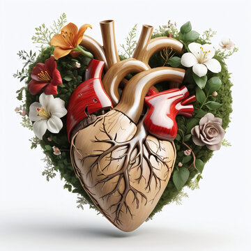 World Heart Day concept, beautiful nature flowers, leaves, and root decorate the human heart or lung, 3D render for charity, disease, love and wellness