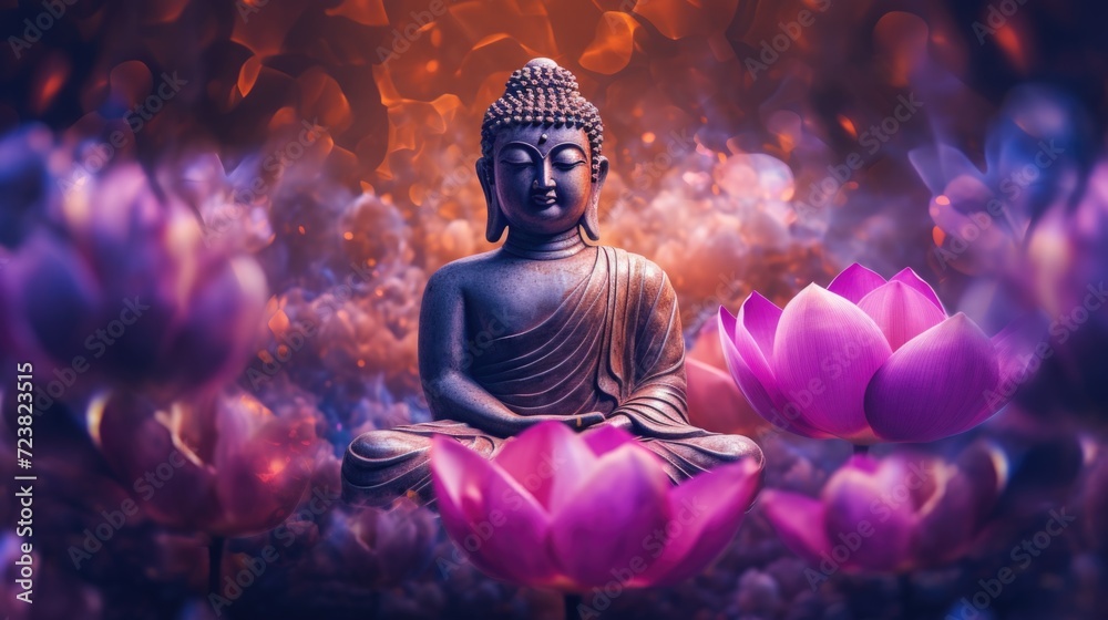 Poster a serene buddha statue sitting peacefully in a field of vibrant flowers. perfect for adding a sense 