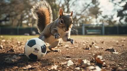 Action photograph of squirrel playing soccer Animals. Sports