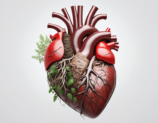 World Heart Day concept, beautiful nature flowers, leaves, and root decorate the human heart or lung, 3D render for charity, disease, love and wellness