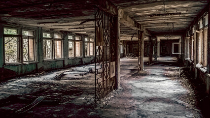 abandoned school hall in Chernobyl Ukraine