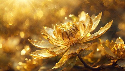 Ilustracja ze złotym kwiatem lotosu - obrazy, fototapety, plakaty