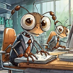 Ludzie mrówki w garniturach pracujący w biurze, Motyw ciężkiej i monotonnej pracy biurowej. Praca w korporacji, urzędzie, za biurkiem. Ilustracja powiedzenie 