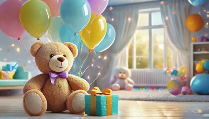Miś, balony i prezent w dziecięcym pokoju. Tło urodzinowe lub na dzień dziecka. - obrazy, fototapety, plakaty