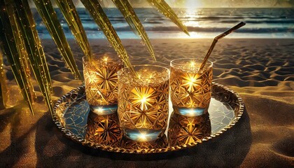 Drinki stojące na plaży. W tle morze i zachód słońca. Letni odpoczynek - obrazy, fototapety, plakaty