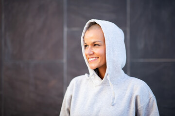 Close up middle age woman with hoodie