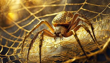Abstrakcyjna ilustracja ze złotym pająkiem i pajęczyną - obrazy, fototapety, plakaty