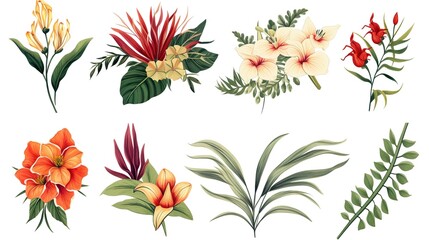 Tropical set of hand drawn floral arrangement. Vector botanical illustration. Layouts for the design of greeting cards and invitations, ,generative ai