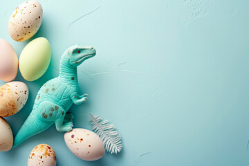Green dinosaur toy next to eggs on a light background