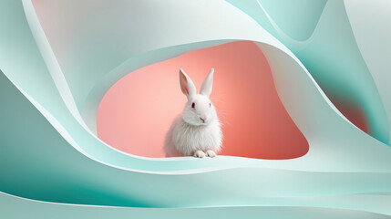 A white rabbit poses in an abstract, curvy landscape of pastel hues, evoking a dreamy wonderland