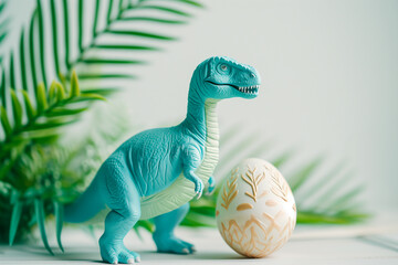 Fototapeta premium Green dinosaur toy next to a patterned Easter egg, green branches and leaves in the background