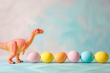 An orange figurine of a dinosaur next to a row of colored Easter eggs.
