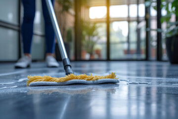 Close-up of a mop cleaning the floor in a hotel lobby. Low section of woman cleaning floor. Mopping floor. Cropped close-up of cleaning the floor with a mop, doing cleaning work, work concept