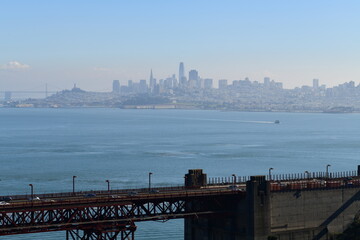 part of golden gate bridge with San Francisco in the background - 723826529