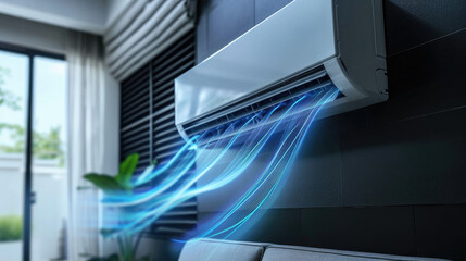 Blue waves of fresh clean air in the apartment. Air conditioner. Fresh scent and air filtration effect. - obrazy, fototapety, plakaty
