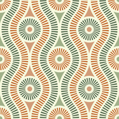 Simple geometric ethnic design with circles and wavy striped lines. Abstract background in vintage style. Seamless repeating pattern.