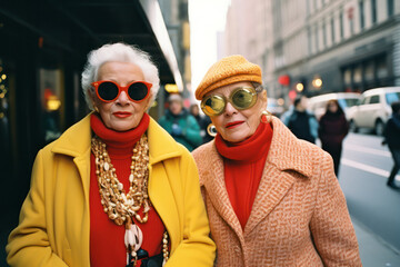 Two Stylish Caucasian Women Embracing in the Cold Winter Streets: A Portrait of Friendship and Family Love