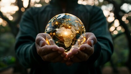 Globe with network connection in hands of man on nature background.