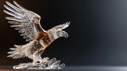 Crystal Eagle Statue with Spread Wings, Exquisite crystal sculpture of an eagle with wings open wide, glowing against a dark gradient background