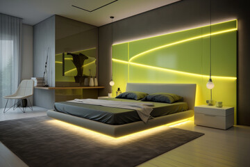 Photo of fluorescent color minimal bedroom interior design with bed and luxury decoration