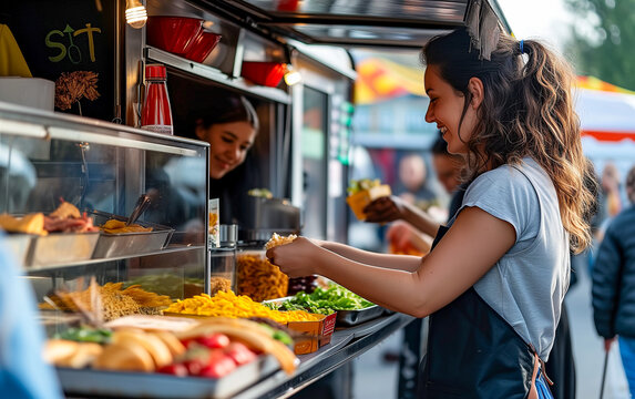 People buying food from a food truck.