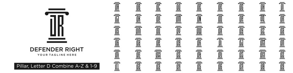 set of pillar logo design combined letter D with A to Z and numbers from 1 to 9. vector illustration