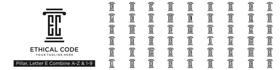 set of pillar logo design combined letter E with A to Z and numbers from 1 to 9. vector illustration