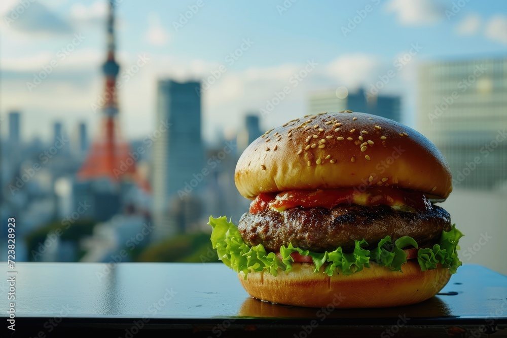 Wall mural Japonse Burger: A Chef's Captivating Presentation Featuring a Mouthwatering Hamburger Against the Dynamic Tokyo Skyline with the Iconic Tokyo Tower - A Culinary Delight in the Heart of Urban Energy.