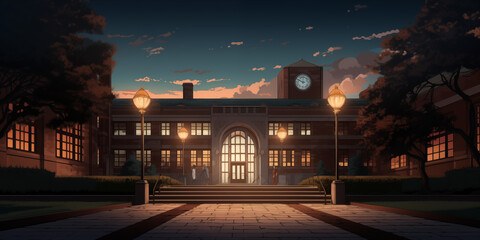 sun rise view of the entrance of a college building at dusk