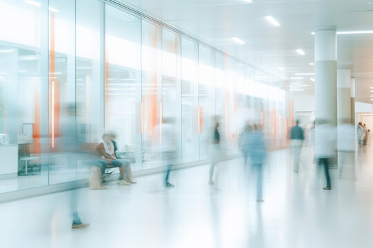 Health Insurance. abstract motion blur image of people crowd walking at hospital office building in city downtown, blurred background, business center, health care, medical technology concept