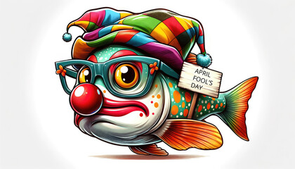 Colorful fish with a clown hat, glasses. Festive spirit April Fool's Day. Greeting card. - obrazy, fototapety, plakaty