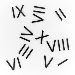 Black Roman numbers from I to X, 1 to 10 on a white background, top view, banner. 3D render