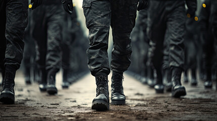 Marching army of men in uniform and boots close up - obrazy, fototapety, plakaty