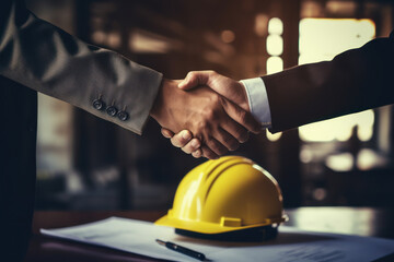 Contractor. group of architect, engineer construction worker team hand shaking after plan project contract with blueprint on desk in office at construction site, partnership, construction concept