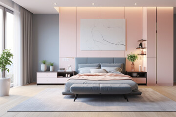 Photo of light colored minimal bedroom interior design with bed and luxury decoration